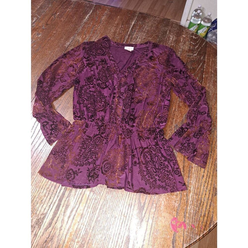 2/4 Tracy Porter Burgandy Long Sleeve Tie Velvet Floral Shirred Shirt Blouse